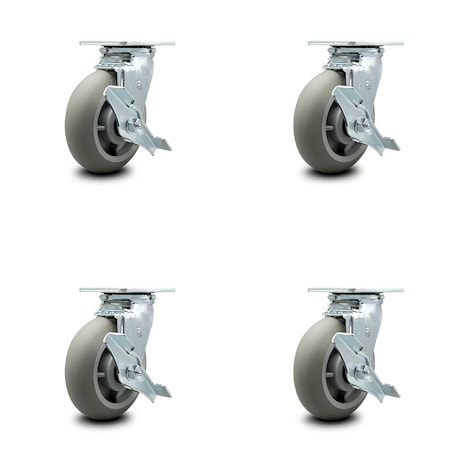 Service Caster 6 Inch Thermoplastic Rubber Caster Set with Roller Bearing and Brake/Swivel Lock SCC-30CS620-TPRRD-TLB-BSL-4